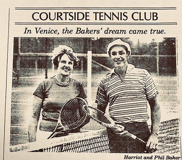 Courtside Tennis in Venice old newspaper photo of the founders Harriet & Philip Baker